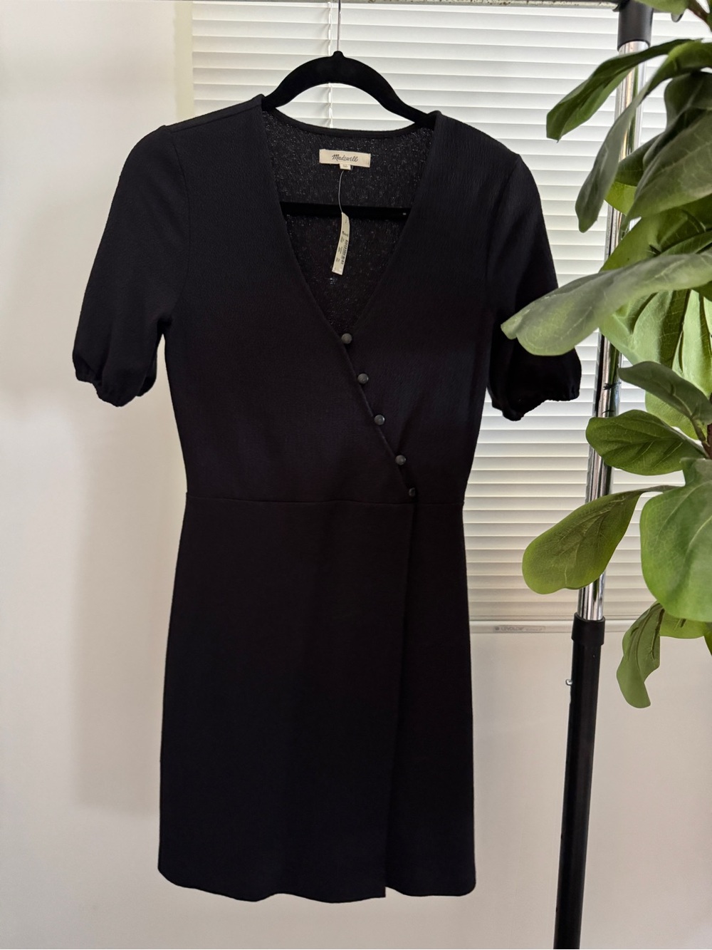 Madewell Black Short Sleeve V-Wrap Mini Dress